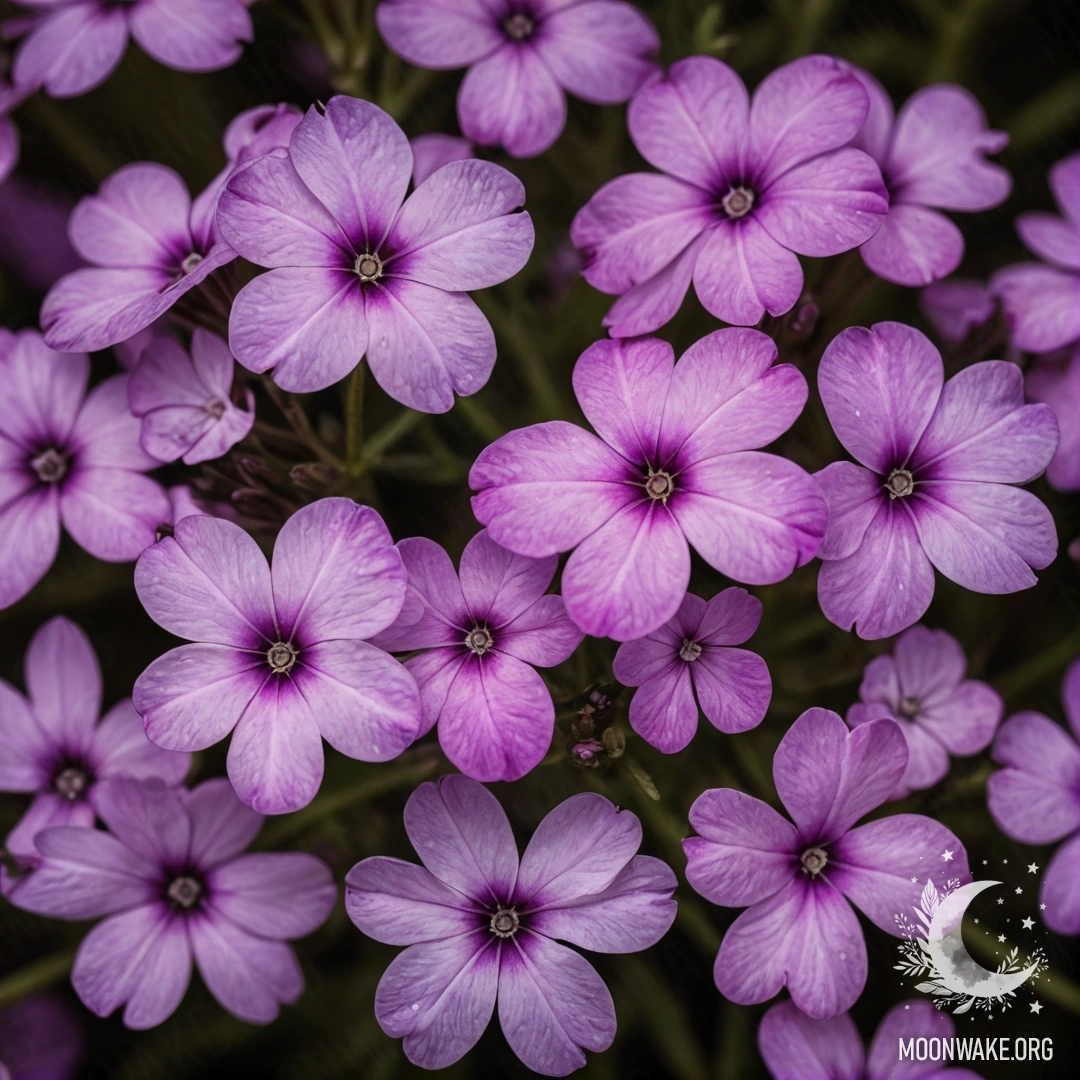 Olive-colored phlox flowers depicted in an ink wash painting style at night.