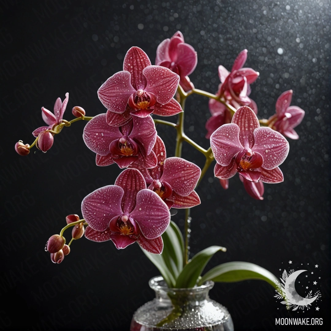 A red vase containing a romantic orchid adorned with dew drops at night.