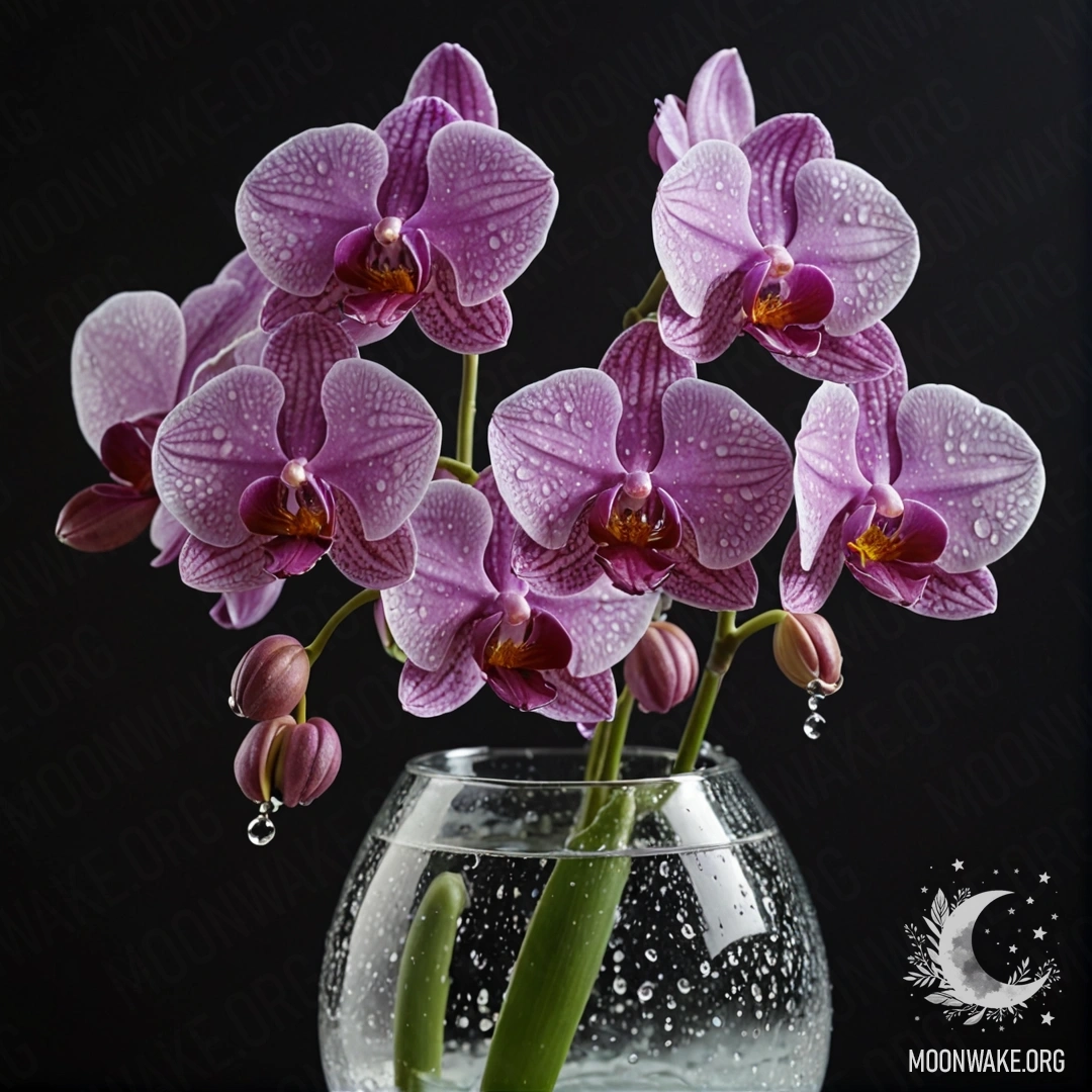 A romantic orchid adorned with dew drops in a pastel-colored vase.