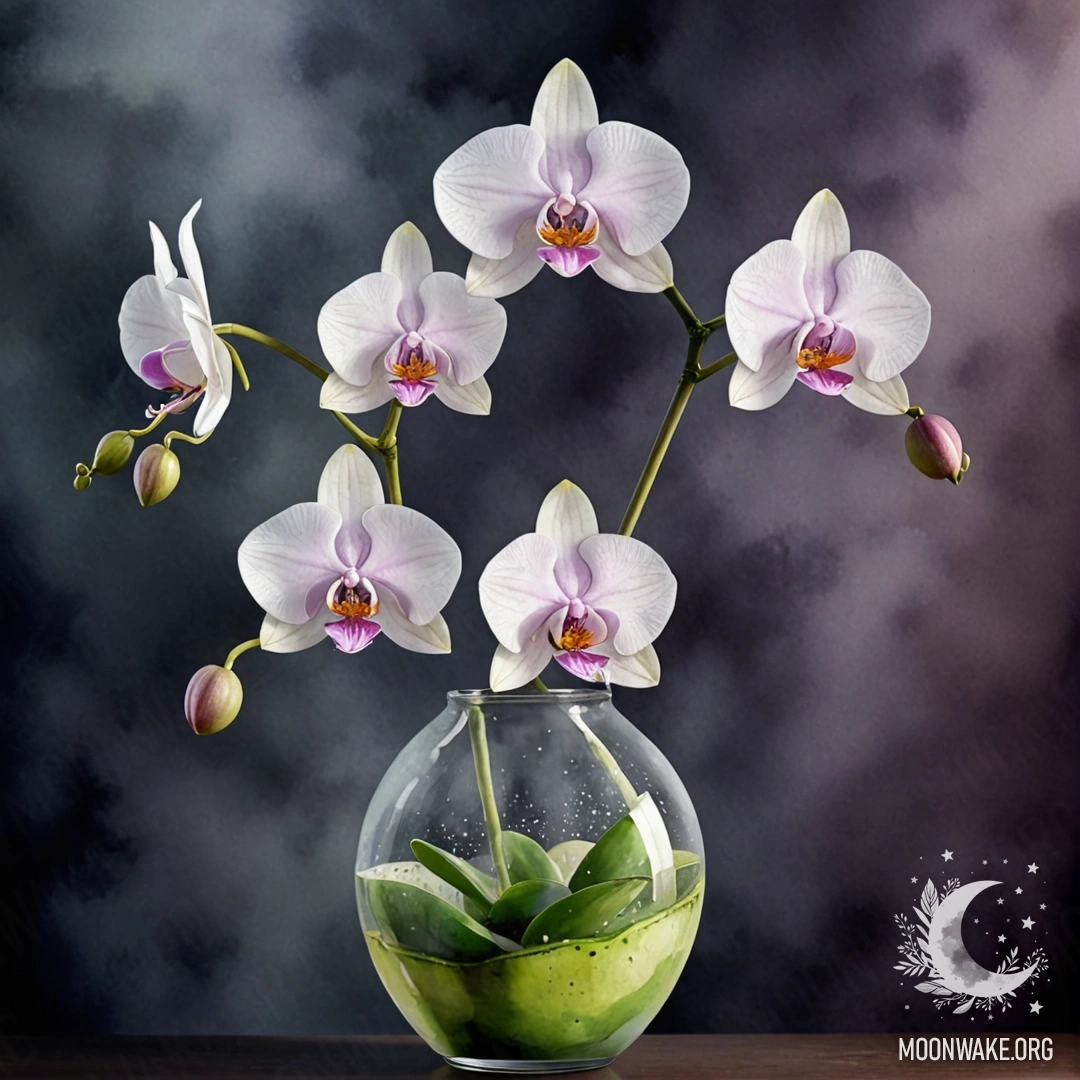 A romantic orchid surrounded by mist in a lime-colored vase.
