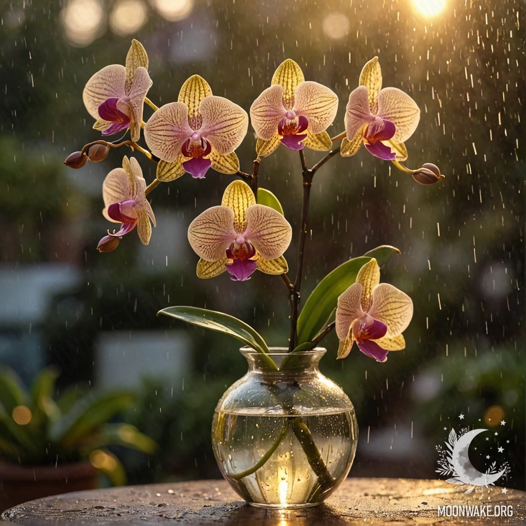 A romantic orchid in a vase with olive color, set against a backdrop of rain and sunset.