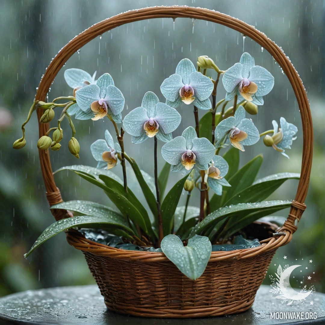 A romantic orchid in a greenish-blue basket, adorned by rain.