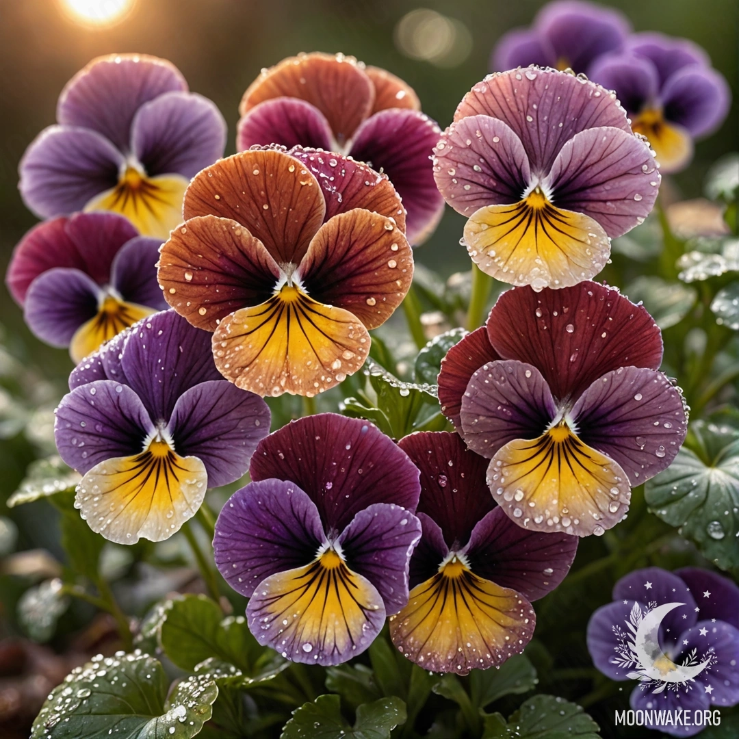 A close-up view of romantic pansies adorned with dew drops at sunset.