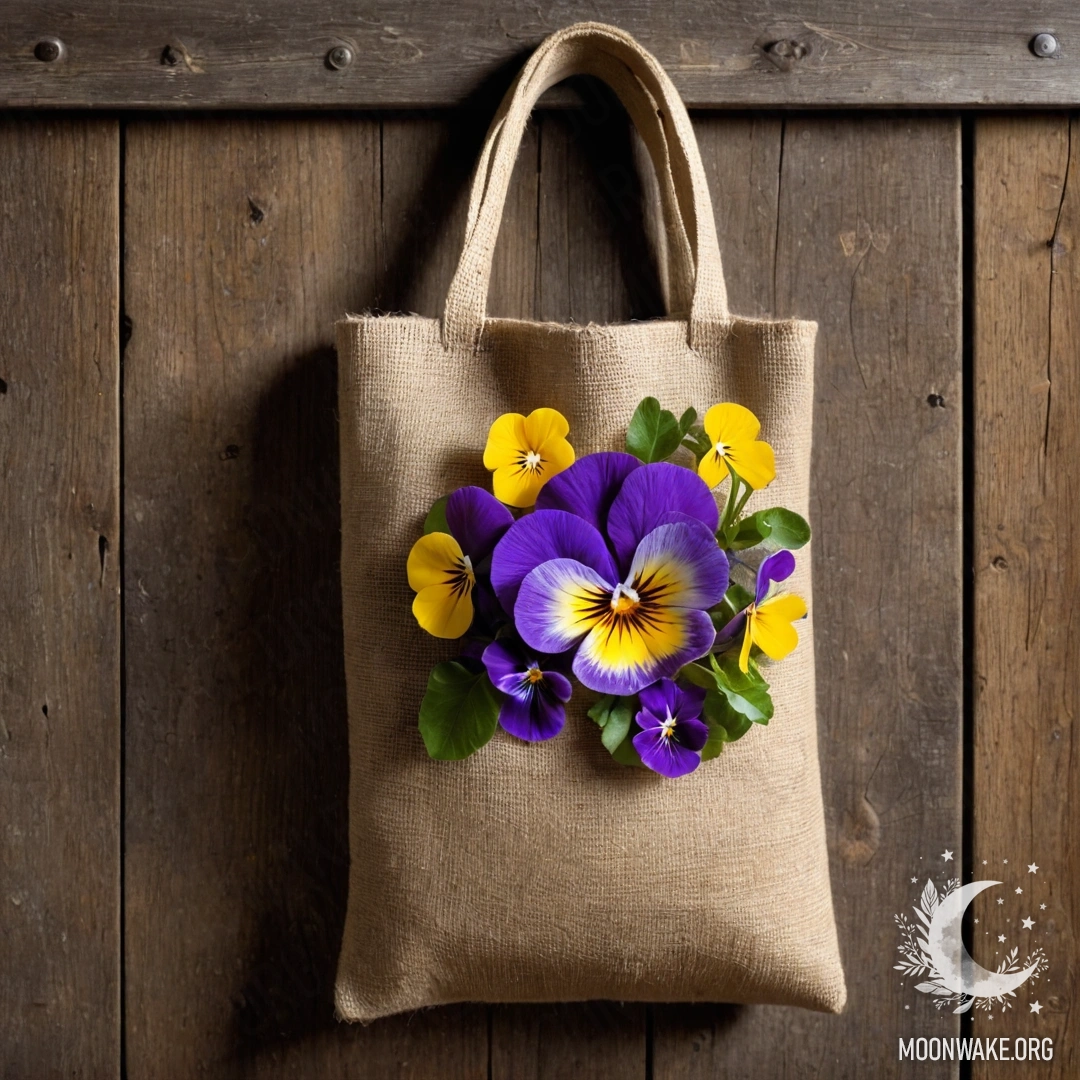 Romantic Pansies in a Burlap Bag A burlap bag filled with pansies hangs against a shabby wooden wall.