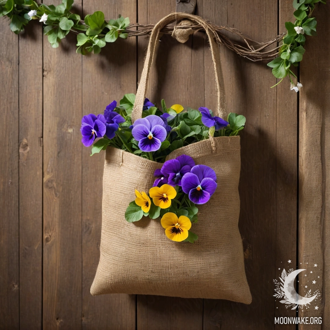 A small burlap bag filled with pansies hangs on a shabby wooden wall adorned with garland lights.