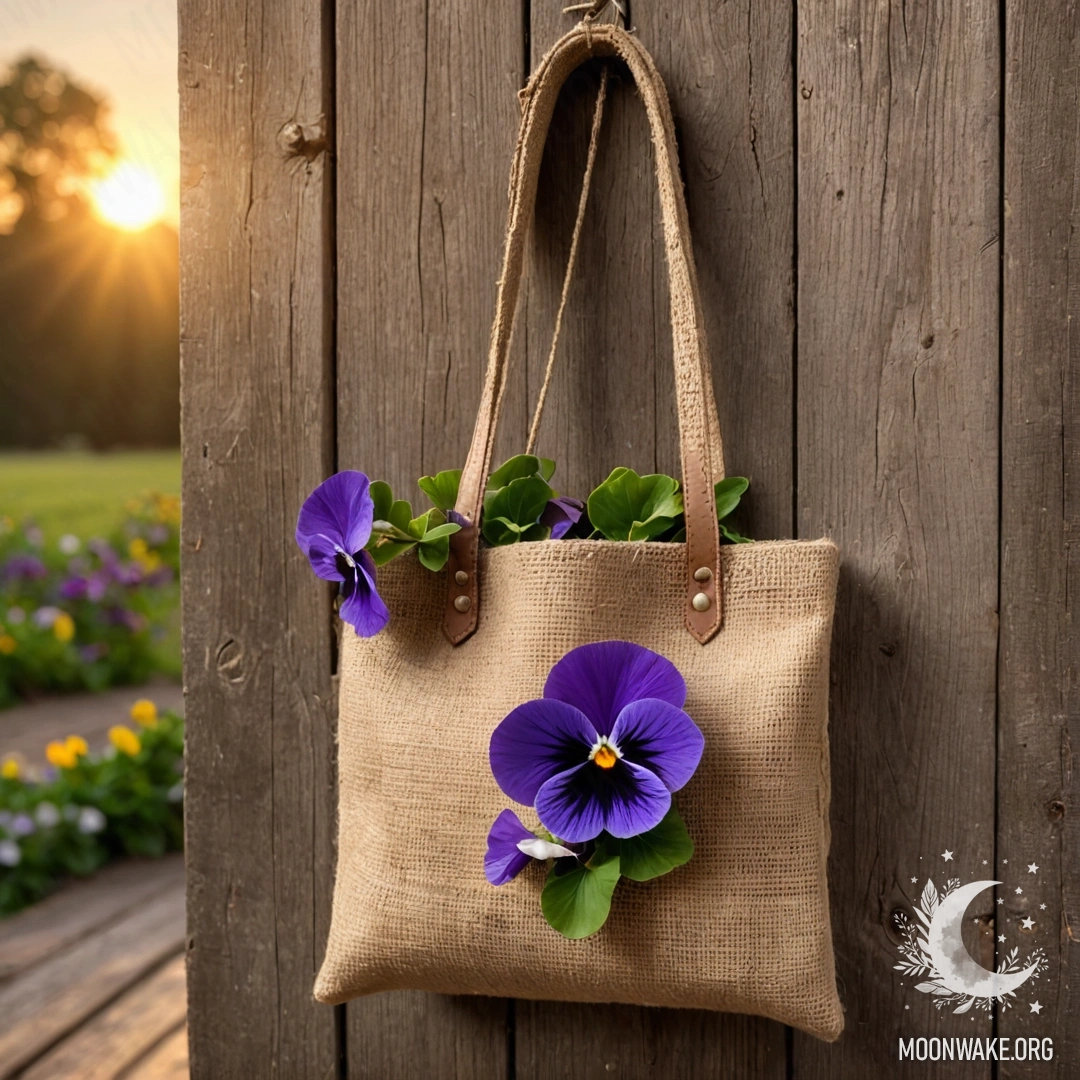 A burlap bag filled with pansies hanging on a wooden wall at sunset.