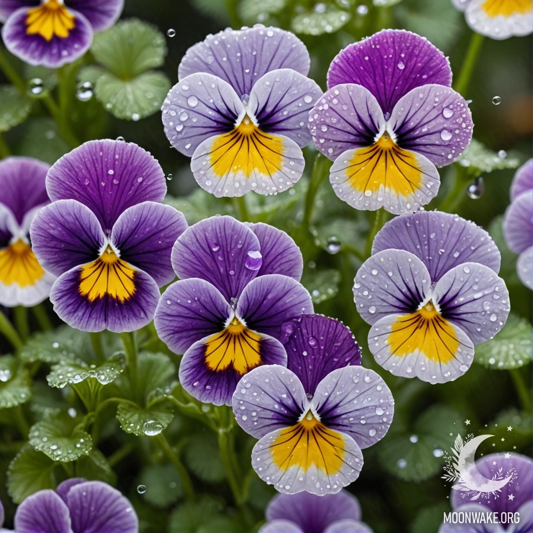 A delicate arrangement of olive-colored pansies adorned with dew drops in a serene night setting.
