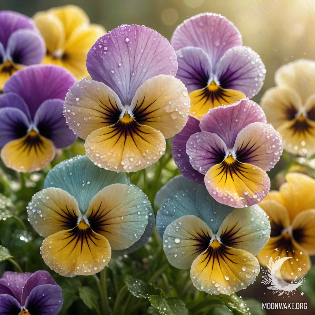Romantic Pansies with Dew and Gold Sequins A beautiful arrangement of pansies adorned with dew drops and golden sequins, illuminated by sunny rays.