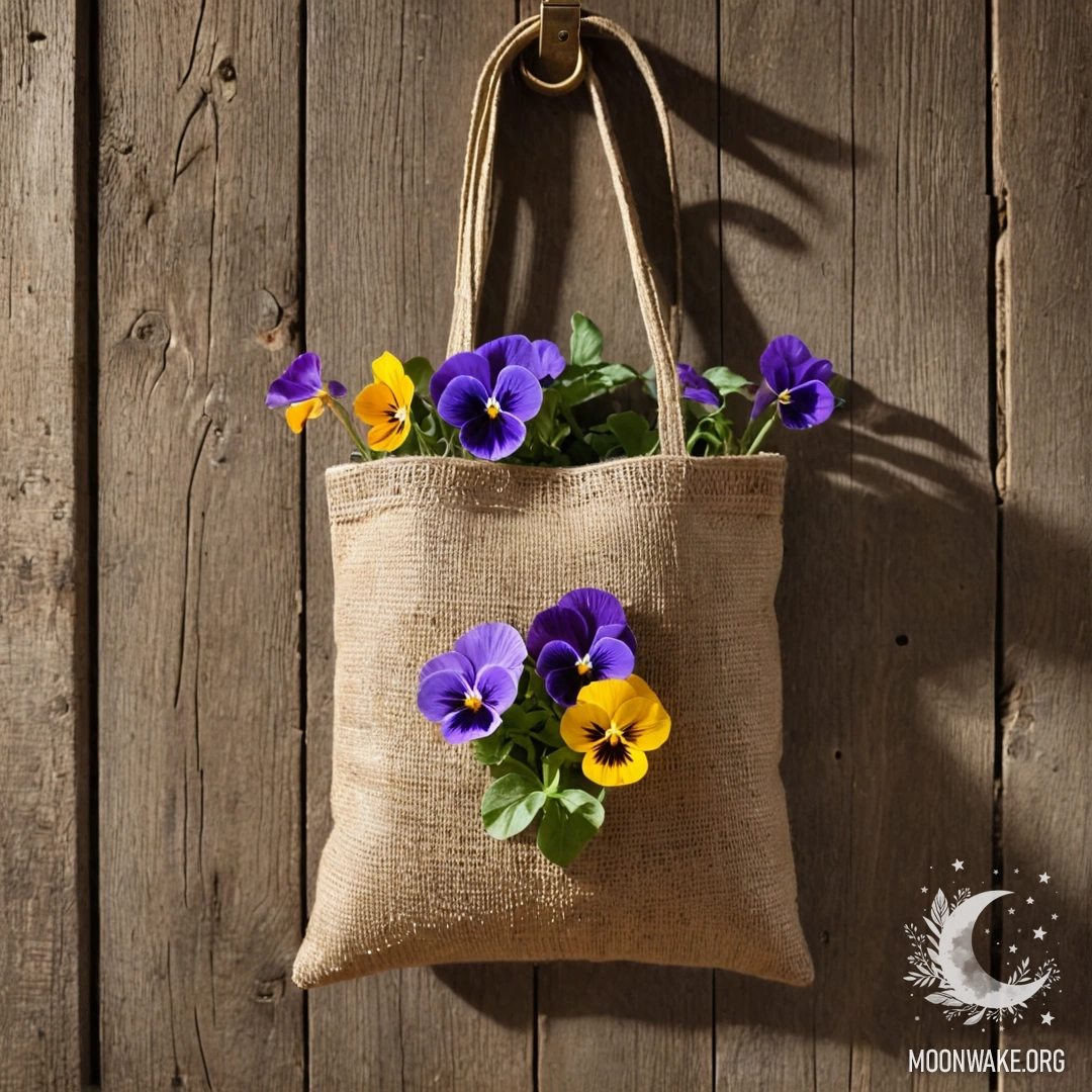 A burlap bag filled with pansies hangs on a shabby wooden wall.