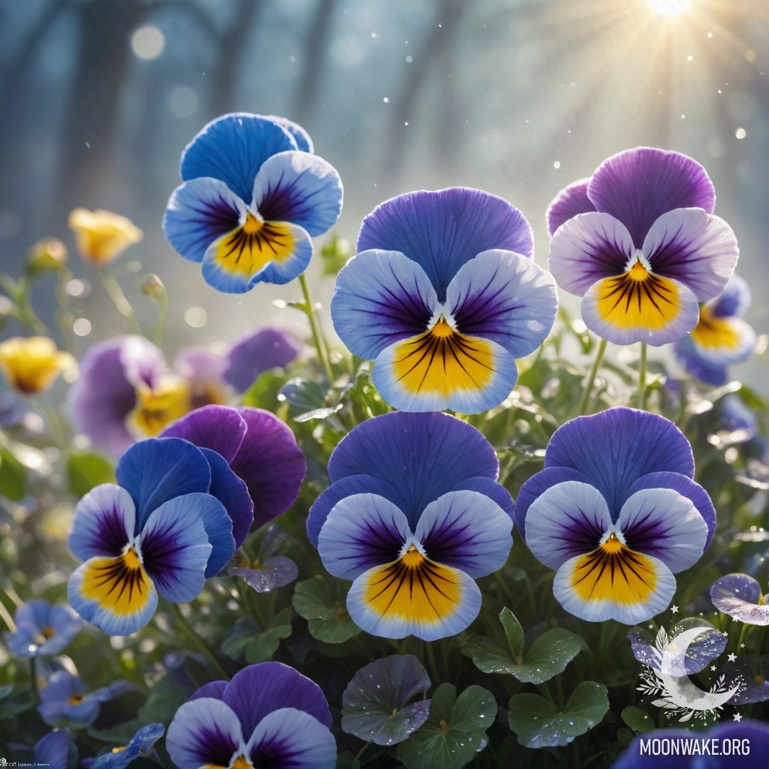 Romantic Pansies in Mist A serene image of blue pansies in a misty atmosphere with sunlight filtering through.