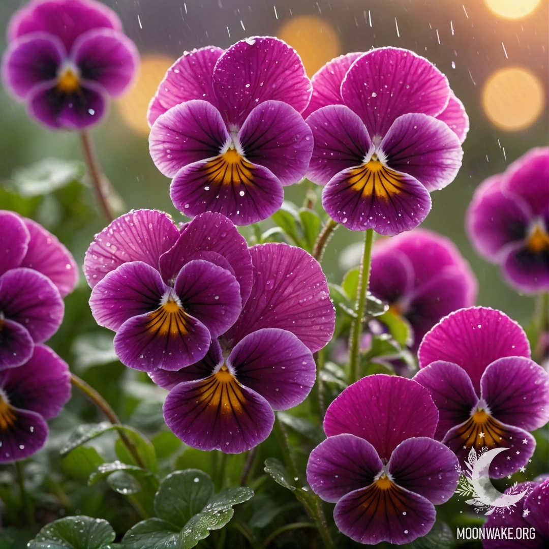A close-up view of romantic pink pansies in misty rain at sunset, glimmering under gentle light.