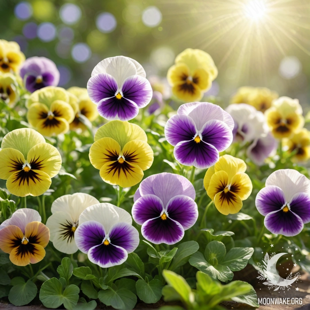 A beautiful arrangement of romantic pansies against a lime-colored background illuminated by sunny rays.
