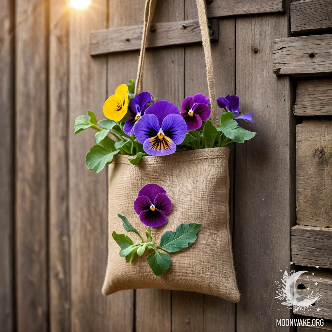 A small burlap bag with pansies hanging on a shabby wooden wall.