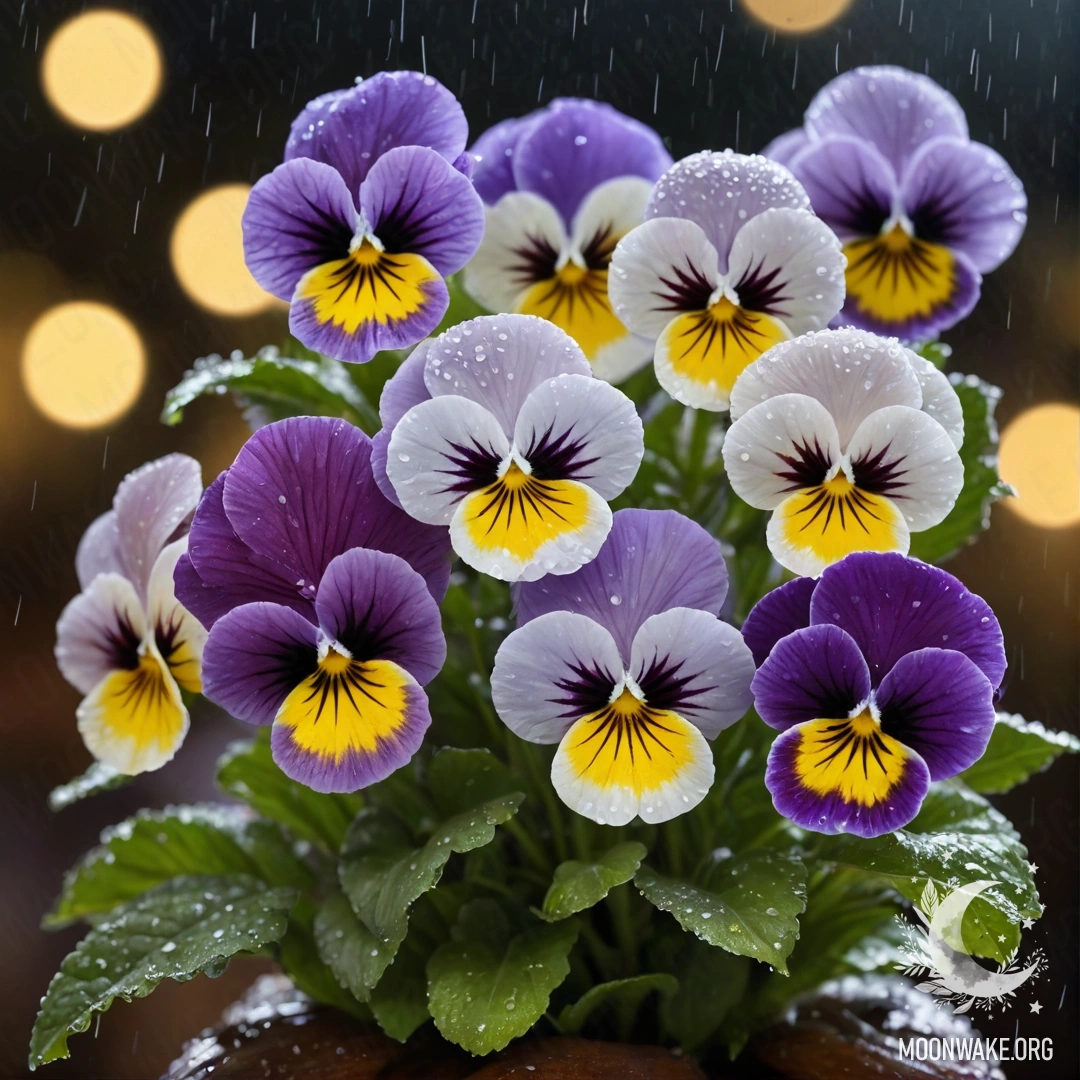 A bouquet of pastel pansies drenched in rain at night.