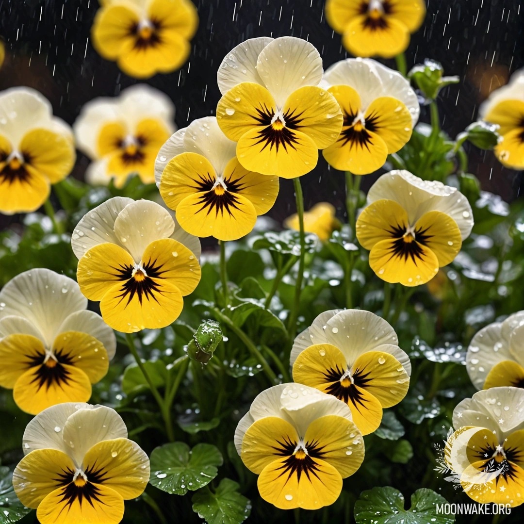A close-up of creamy yellow pansies glistening in the rain at night.