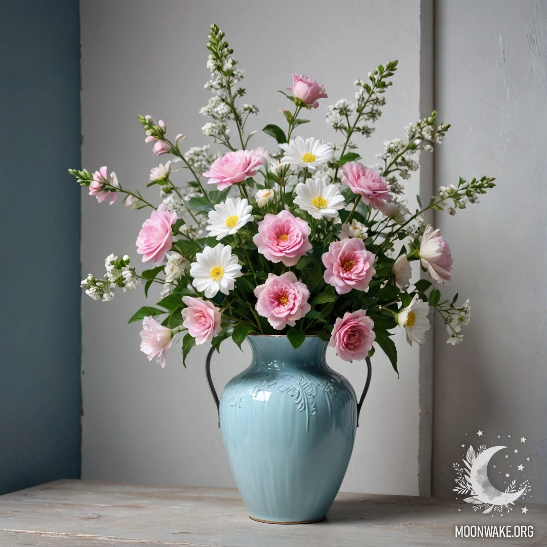 A shabby pastel blue vase with white and pink flowers against a shabby white wall at night.