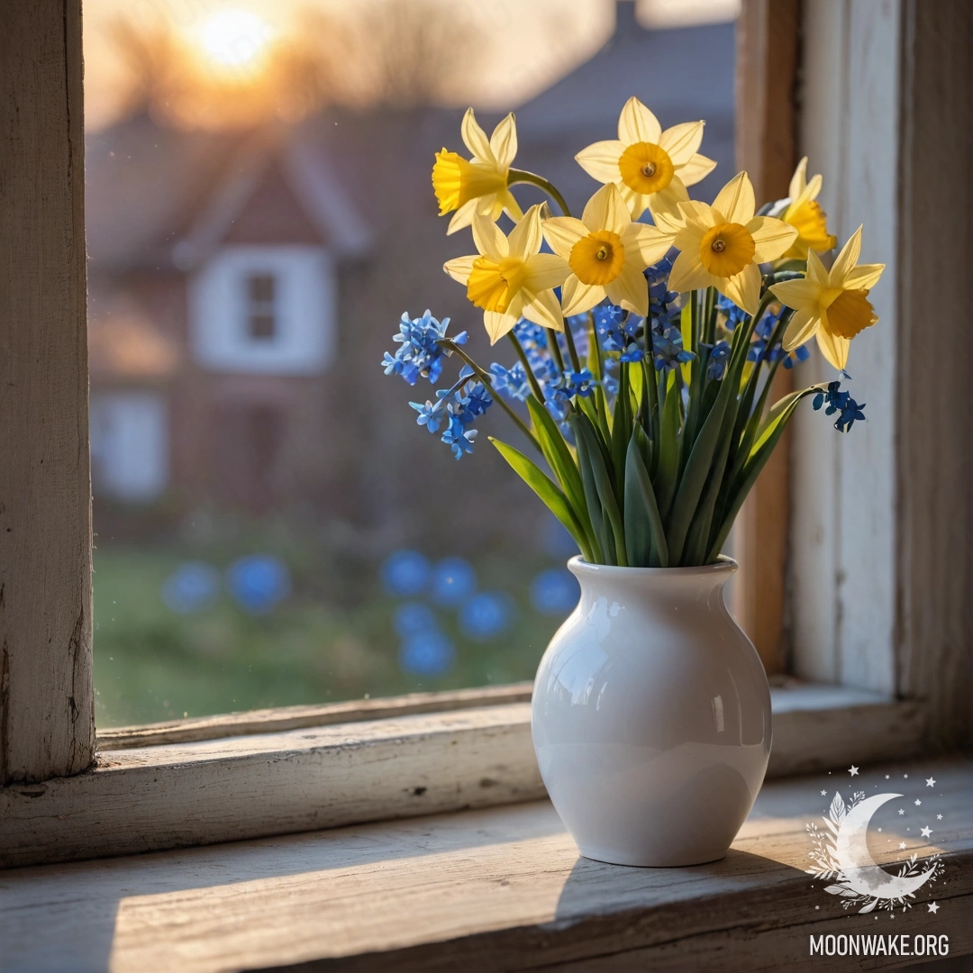 A shabby pastel blue vase holding white and pink flowers against a worn white wall during sunset.
