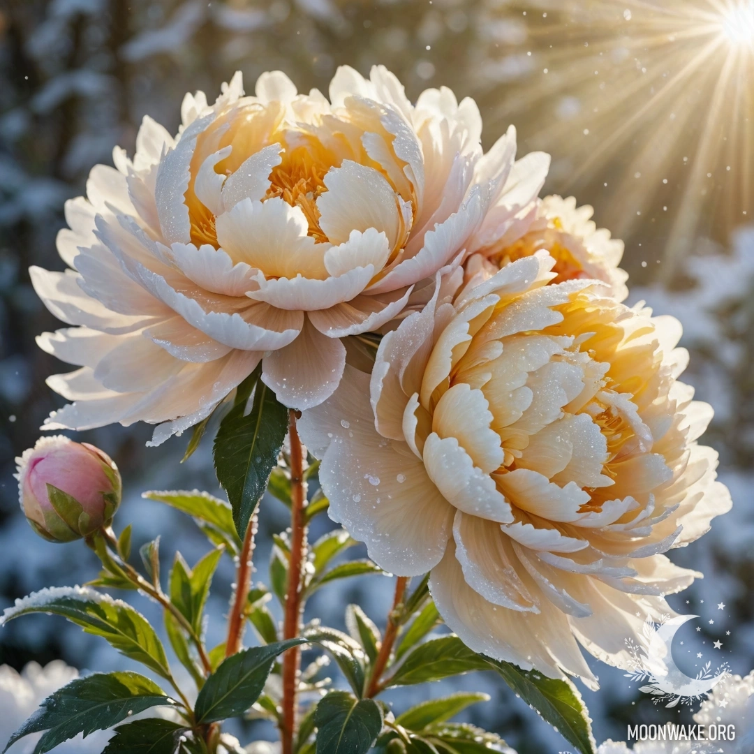 A beautiful bouquet of golden peonies in frost, illuminated by sunny rays.