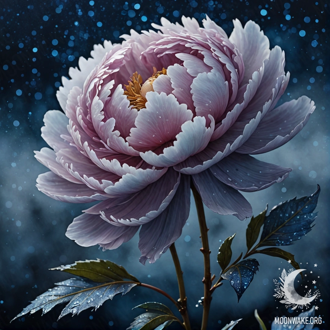 Romantic Peony in Foggy Blue Night A romantic peony surrounded by mist at night, with blue sequins.
