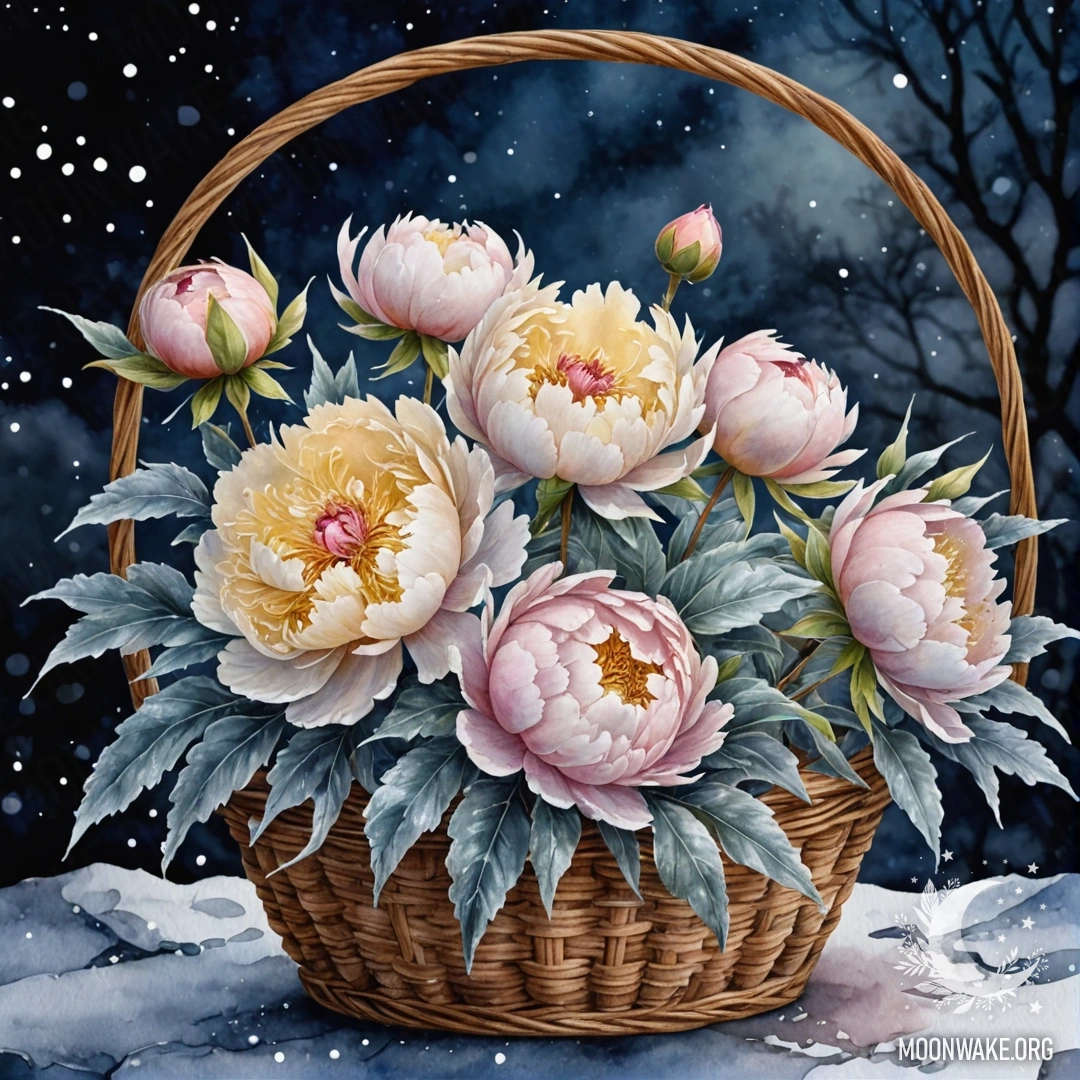 A delicate peony in a golden basket surrounded by frost at night.