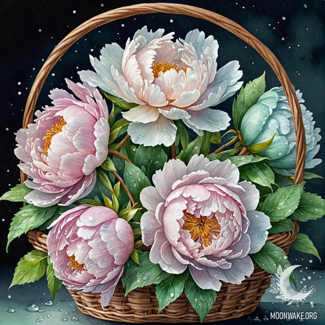 Romantic Peony in a Mint Basket A delicate peony adorned with dew drops, resting in a mint-colored basket at night.