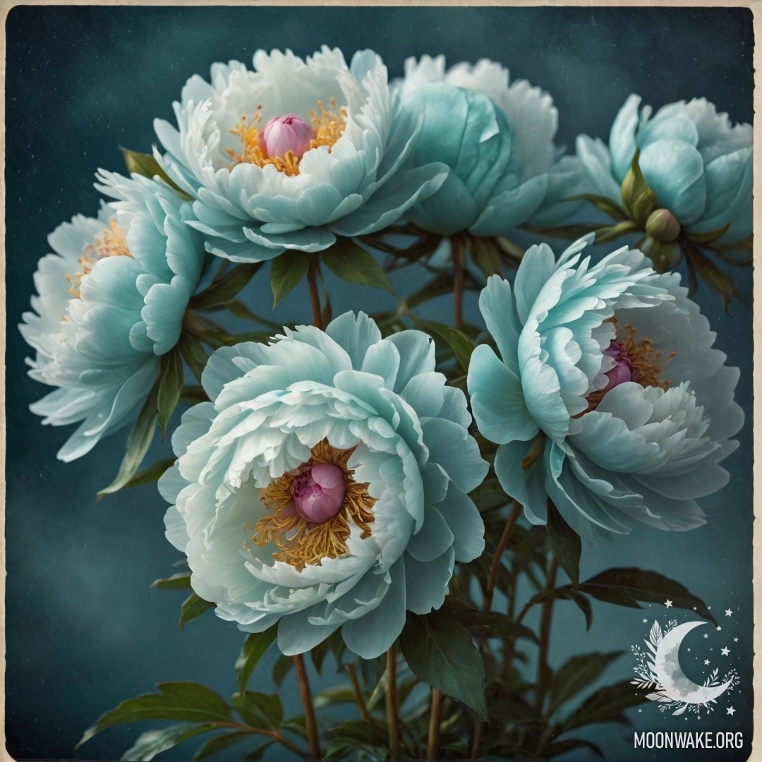 A bouquet of aquamarine peonies enveloped in mist at night.