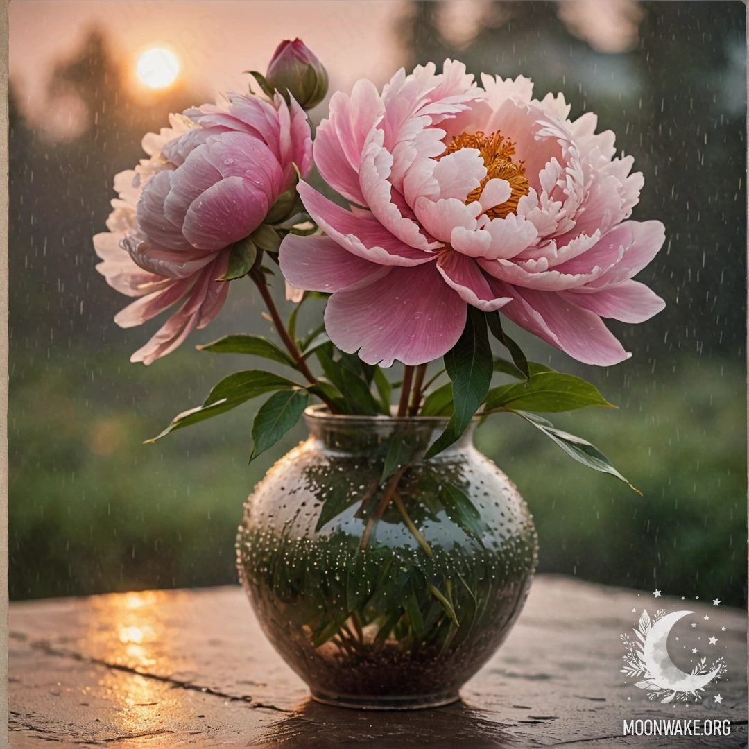 Romantic Peony in Misty Rain at Sunset A delicate pink peony in a vase, surrounded by mist and rain at sunset.