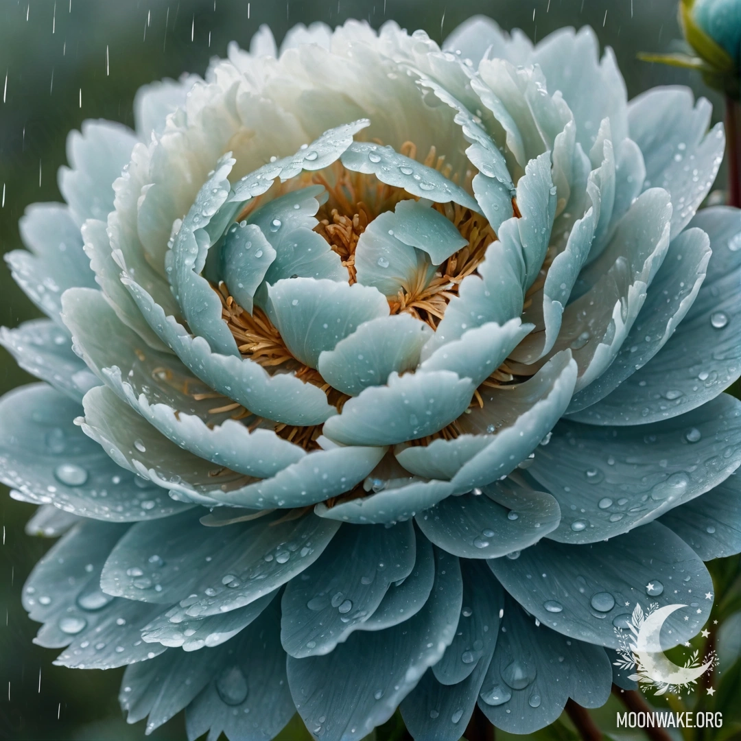 A beautiful peony surrounded by mist and rain, adorned with rhinestones.