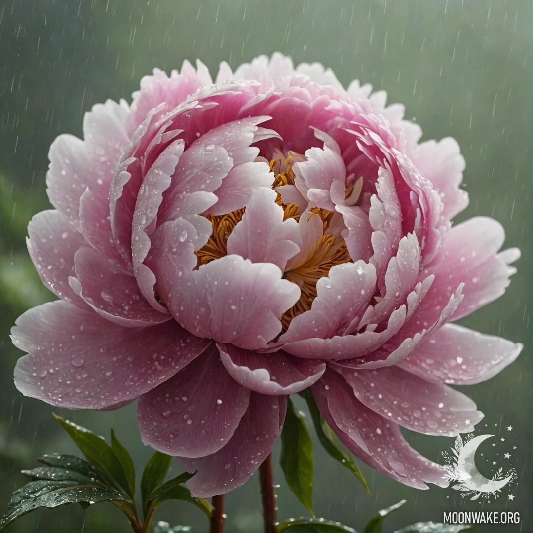 A romantic peony enveloped in mist and rain, shimmering with glitter.