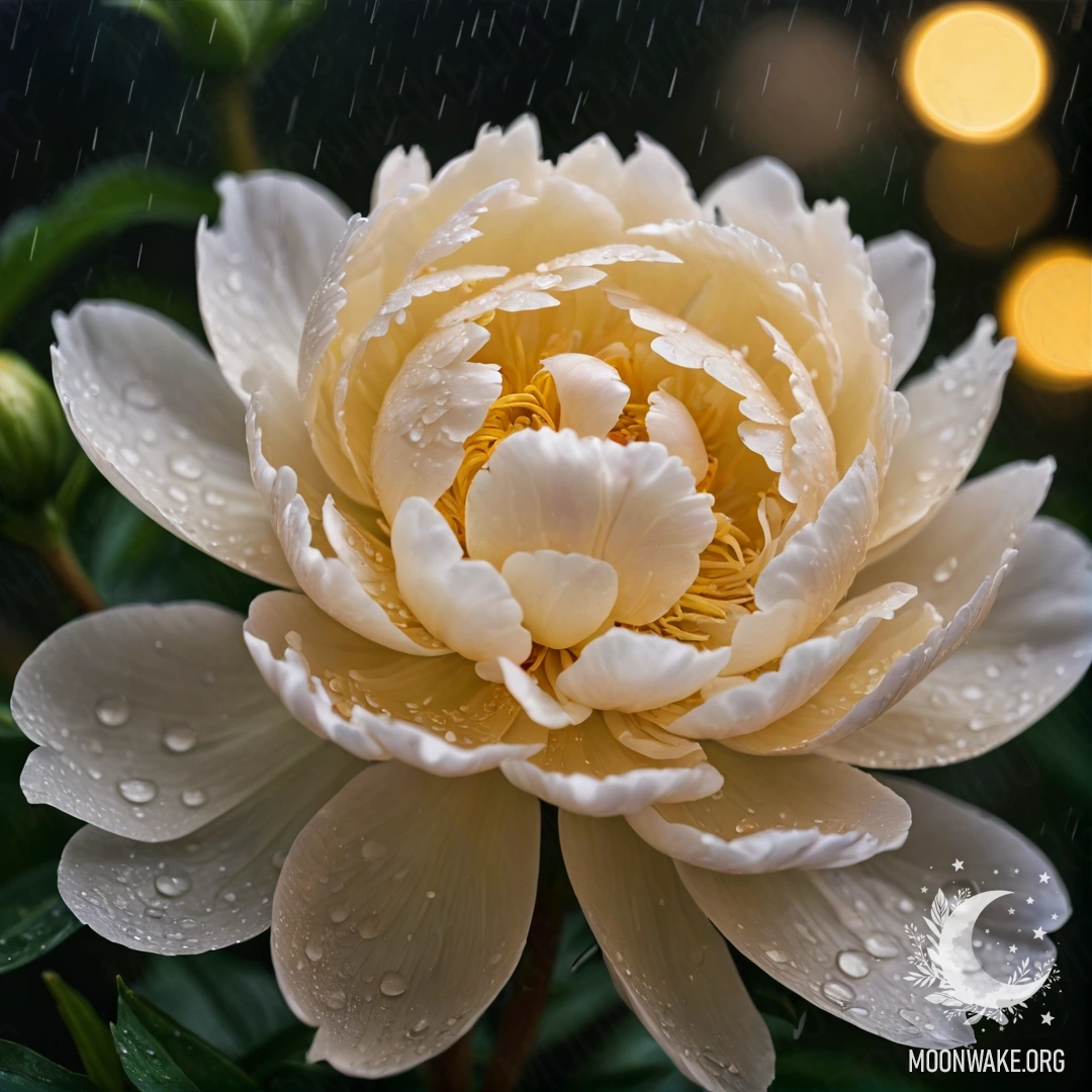 A soft cream yellow peony drenched in rain, set against a night-time background.