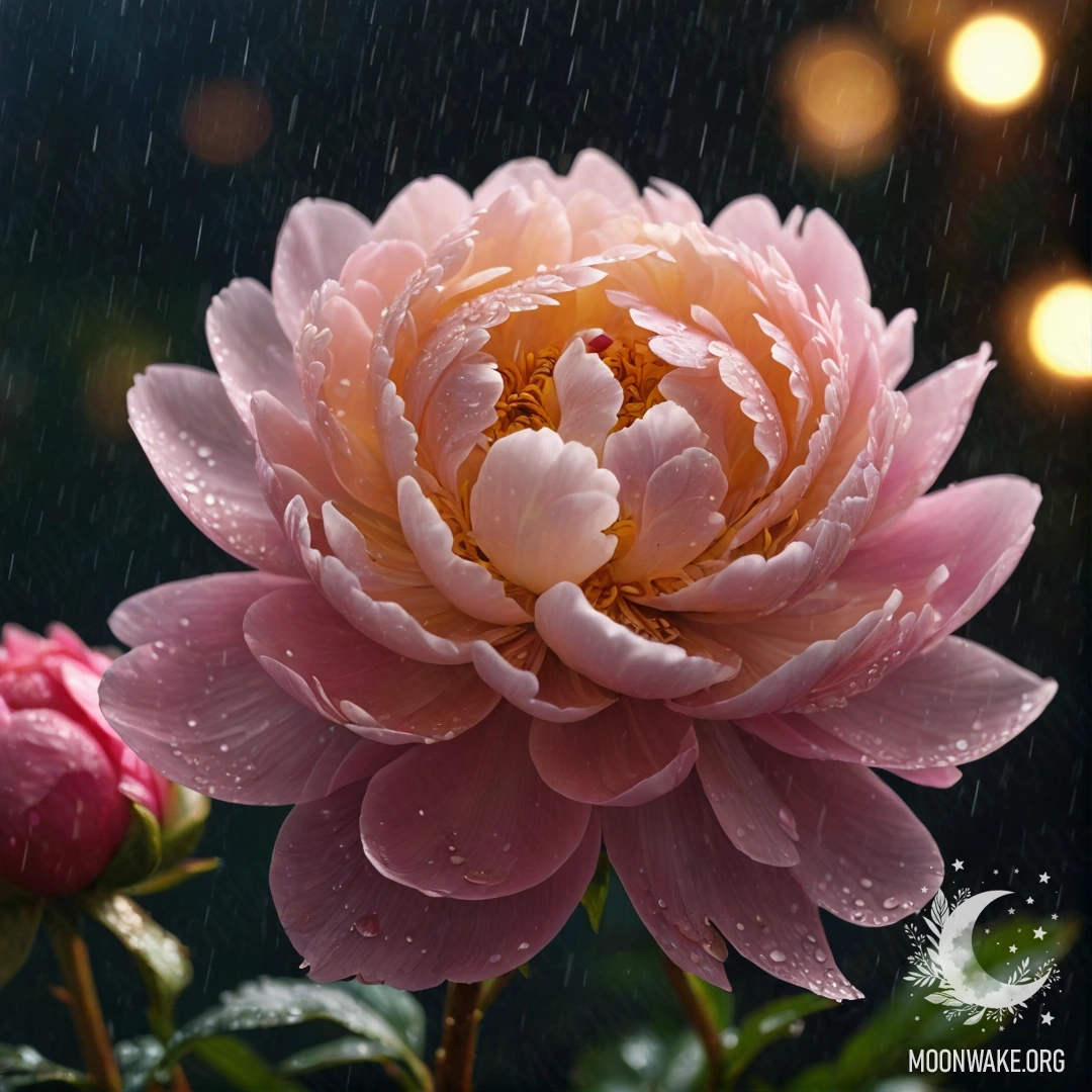 Romantic Peony in Rainy Golden Night A romantic peony under the rain on a golden night background.