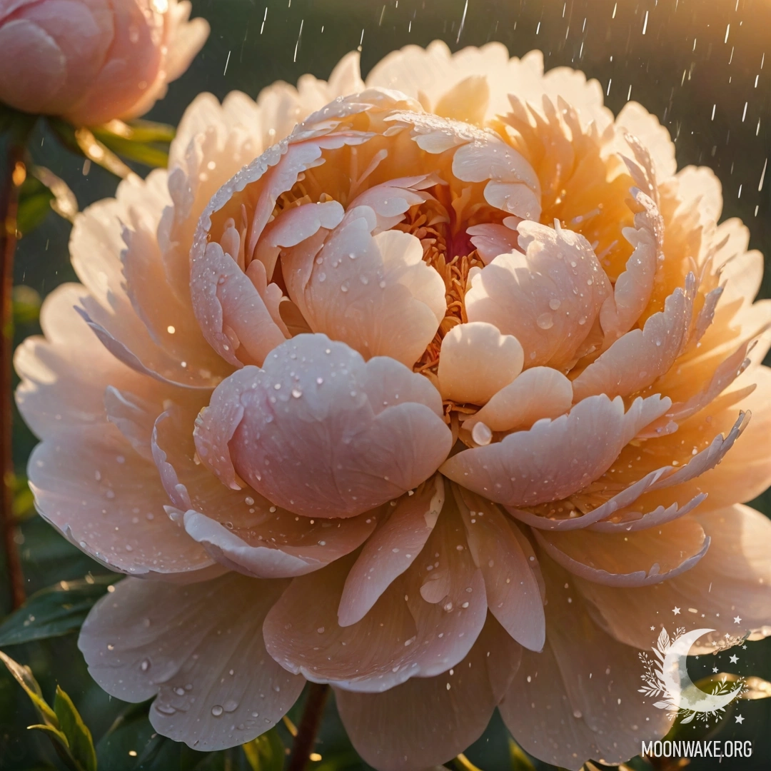 Romantic Peony Rain Sunset A delicate peony drenched in rain, glowing golden under a sunset sky.