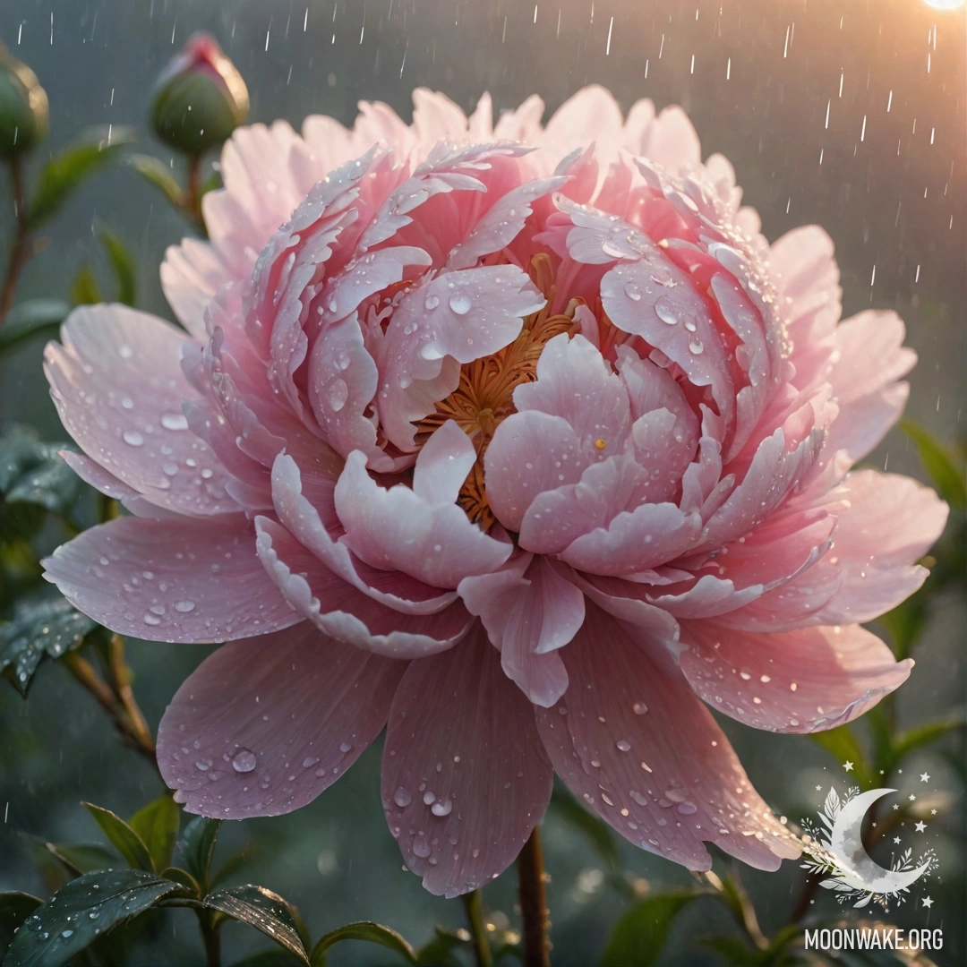 A delicate peony flower drenched in rain, illuminated by a sunset glow, sprinkled with glitter, evoking a serene and romantic atmosphere.