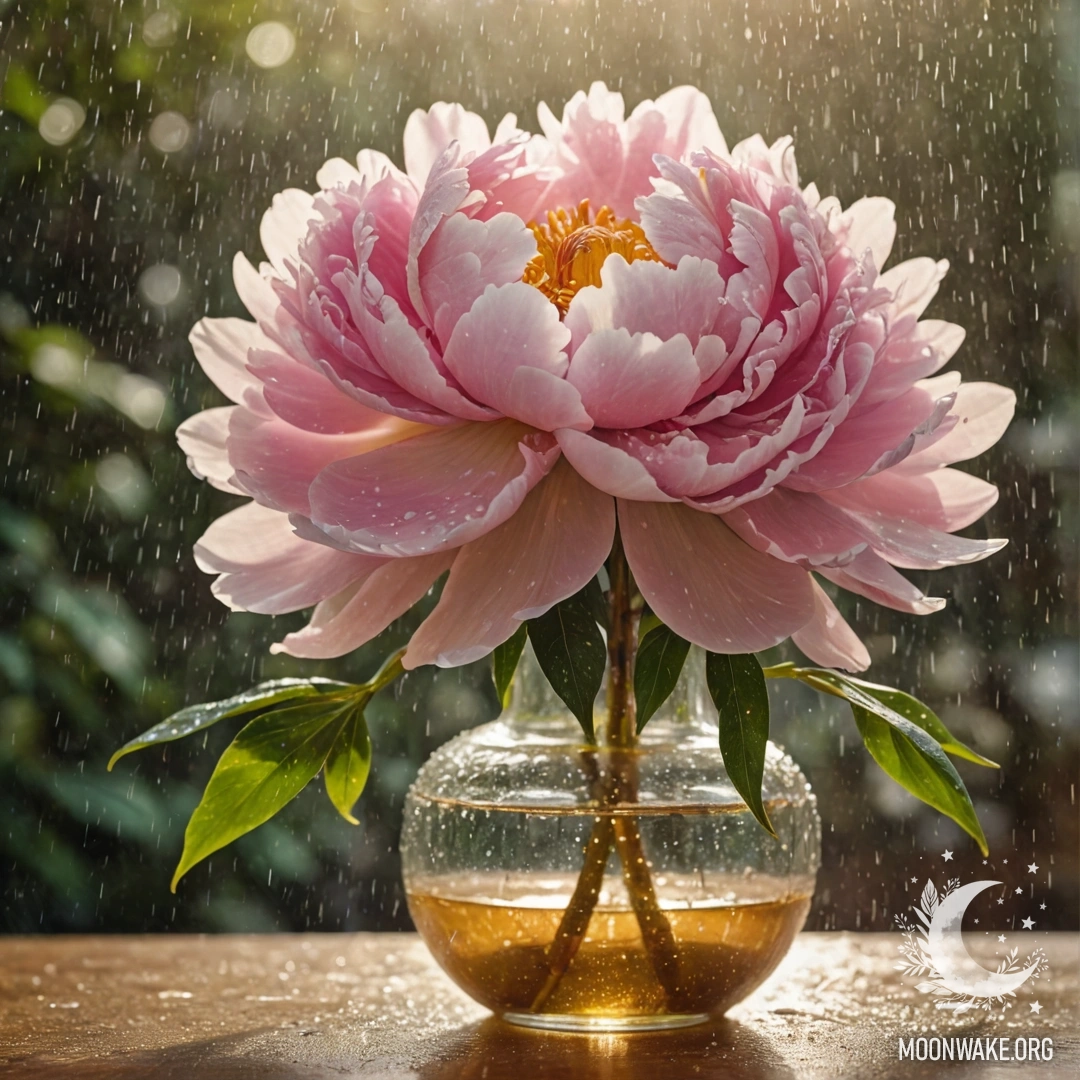 Romantic Peony in the Rain A golden vase with a peony, rain falling and sunlight shining.