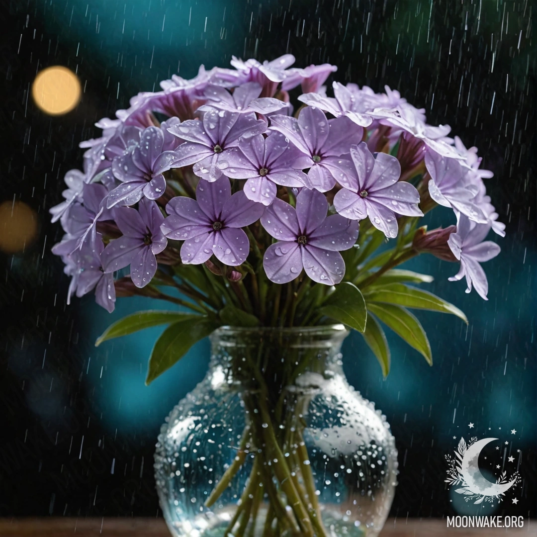 Romantic Phlox in Aquamarine Vase at Night A tranquil arrangement of phlox flowers in an aquamarine vase, illuminated by the soft glow of night rain.