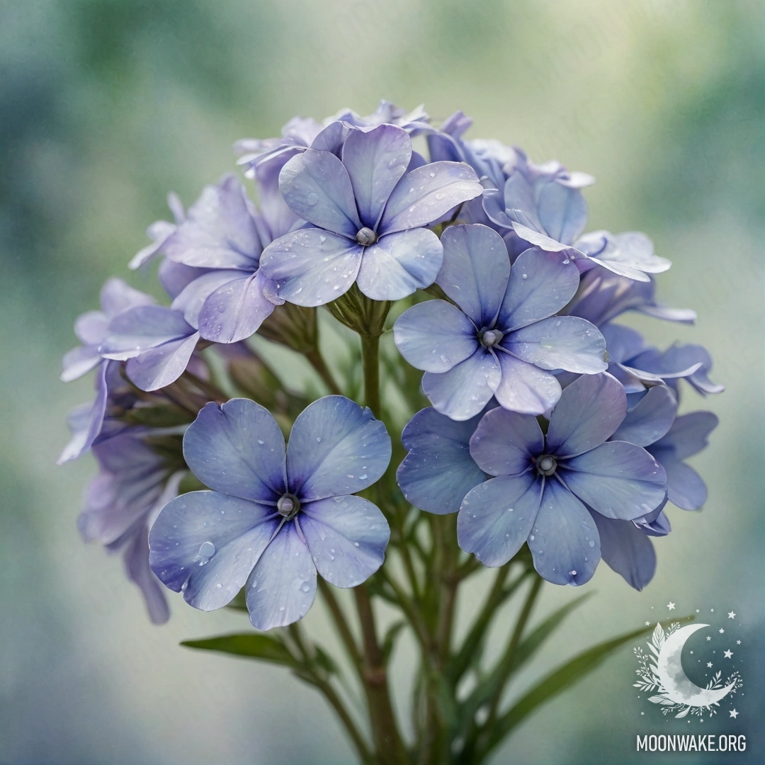 Romantic Phlox Bouquet in Mist A watercolor painting of a bouquet of greenish-blue phlox flowers surrounded by mist.