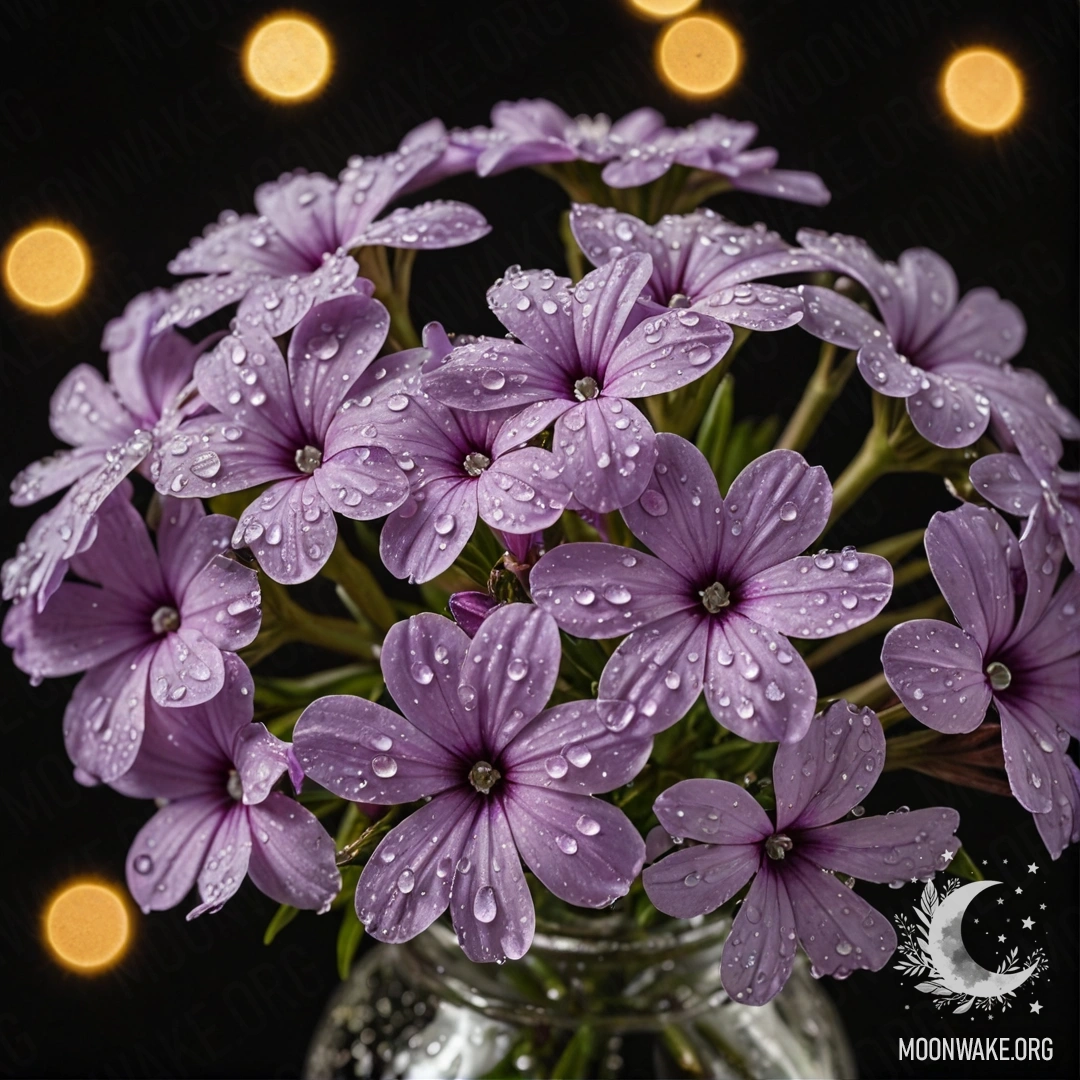A vase filled with romantic phlox flowers adorned with dew drops under the night sky.