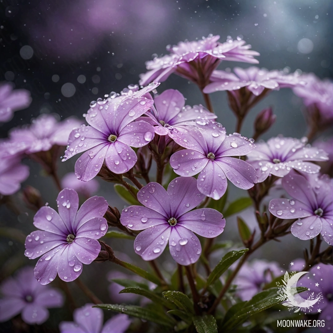 A misty night scene featuring delicate pastel phlox flowers adorned with sequins.