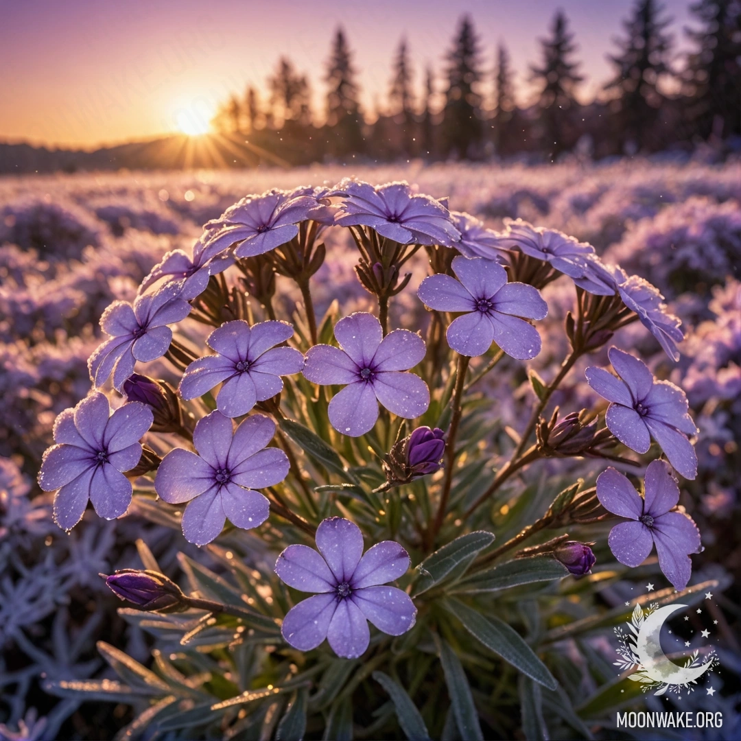 A delicate purple phlox flower covered in frost at sunset, glistening with glitter.