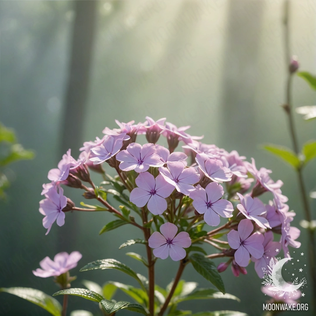 A romantic scene of phlox flowers in mist with sunny rays, mint background.