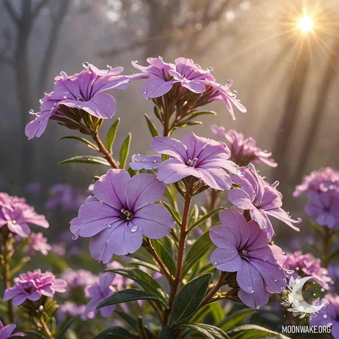 A dreamy scene of romantic phlox flowers partially hidden in fog, glimmering with golden rhinestones under gentle sunny rays.