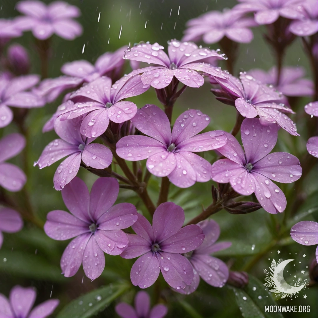 A close-up of soft sage-colored phlox flowers glistening in the rain.