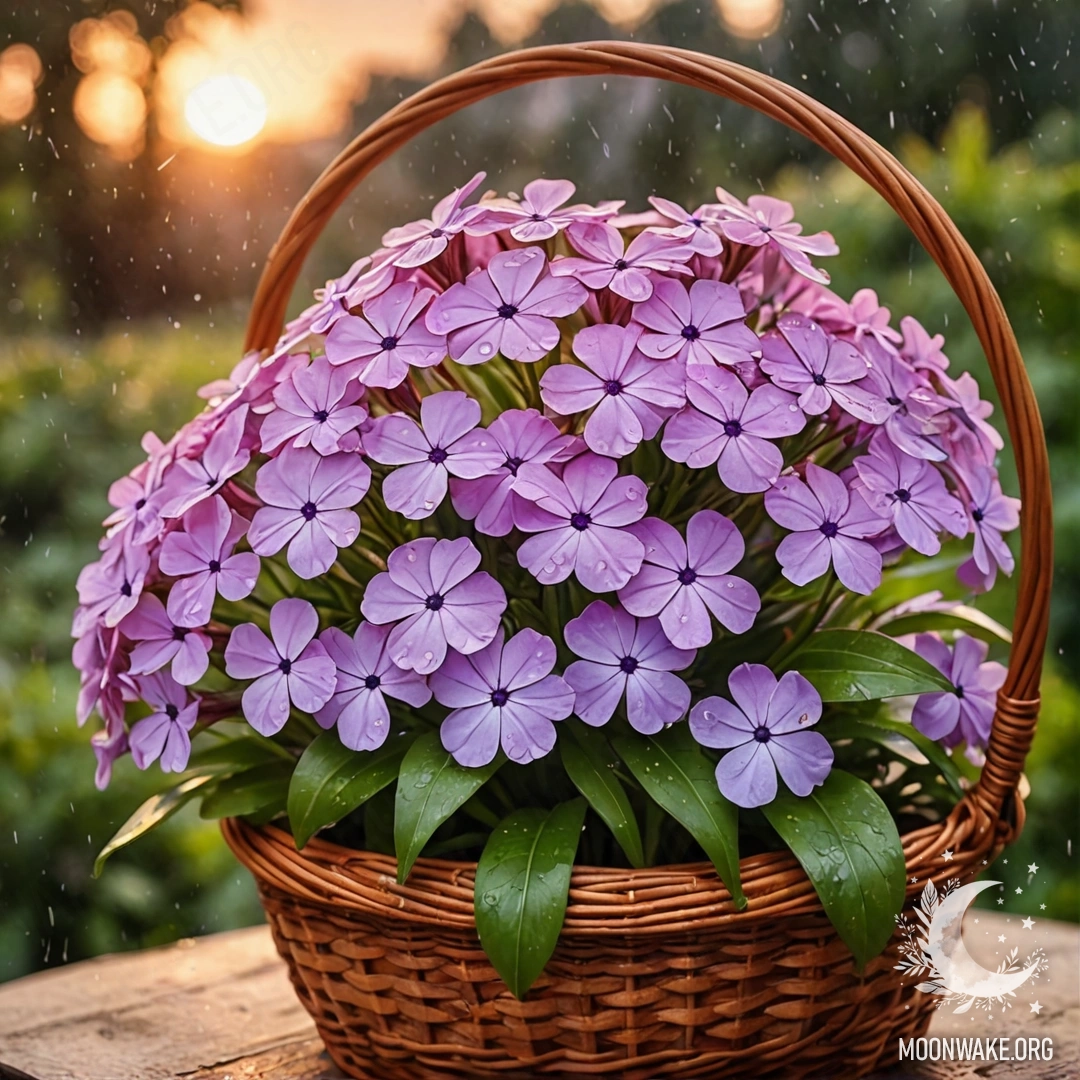 A basket filled with red phlox flowers drenched in rain at sunset.