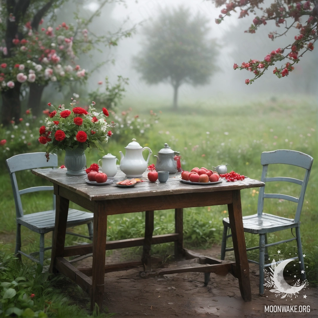 Romantic Picnic Under Apple Blossoms A vintage table set with cups, a teapot, berries, and flowers under a foggy apple tree.