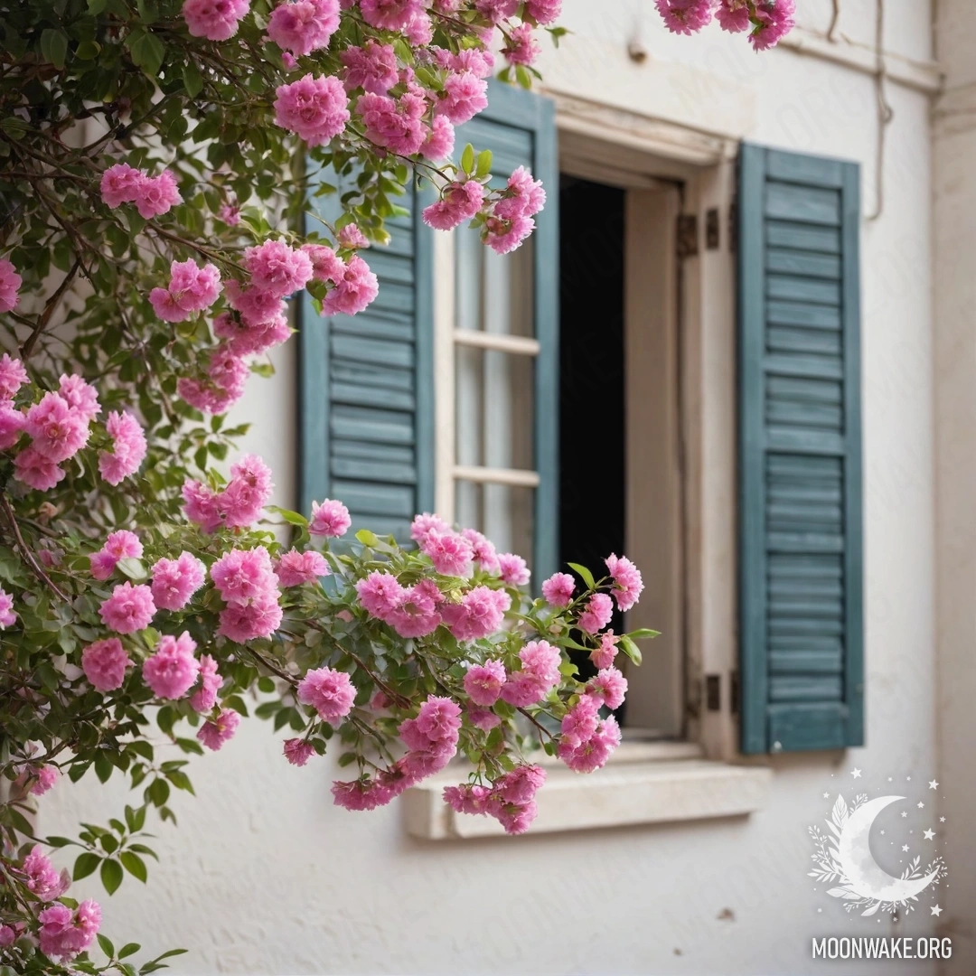 A branch with delicate pink flowers against a white wall with windows.
