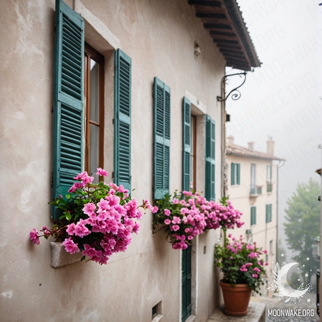 A branch with pink flowers against a white wall of an Italian house with windows and shutters.