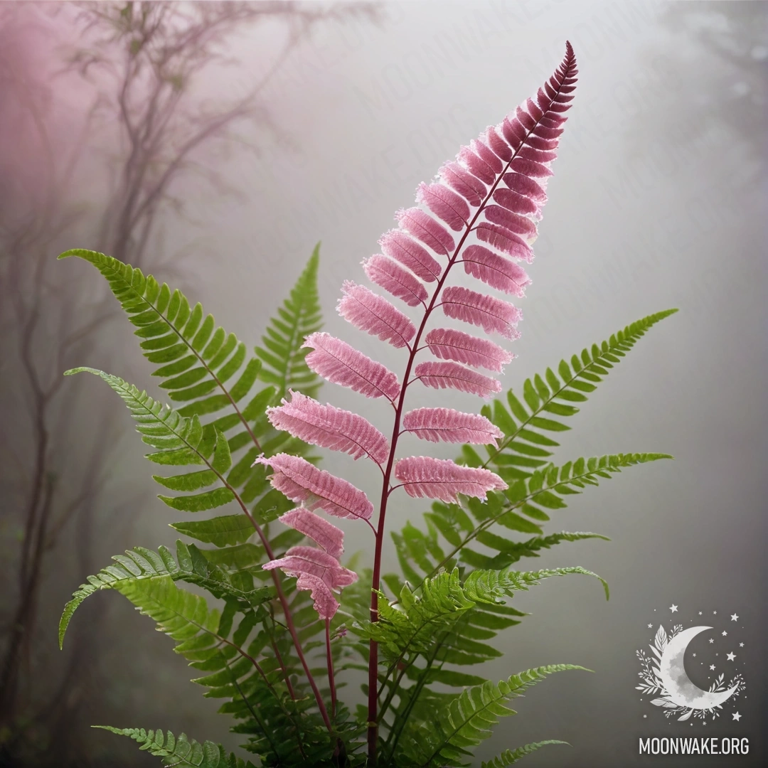 Romantic Pink Fern Bouquet in the Fog A bouquet of pink ferns enveloped in soft fog.