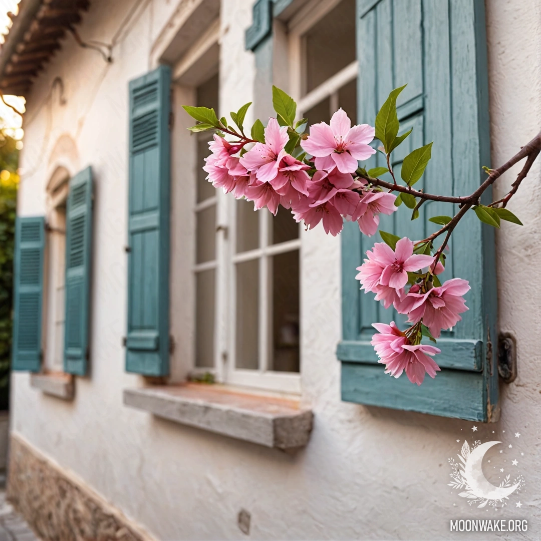 Romantic Pink Flowers on Italian House A branch with delicate pink flowers against a white wall with windows and shutters of an Italian house at sunset.