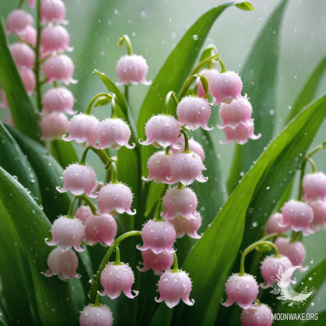 A soft pink lily of the valley surrounded by mist patterns.