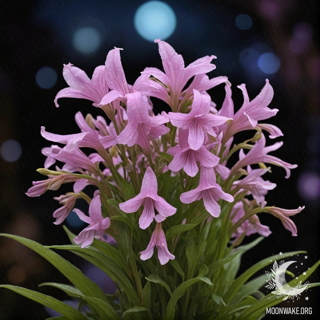 Romantic Pink Lobelia Bouquet at Night A delicate bouquet of pink lobelia flowers arranged at nighttime, capturing the essence of romance.
